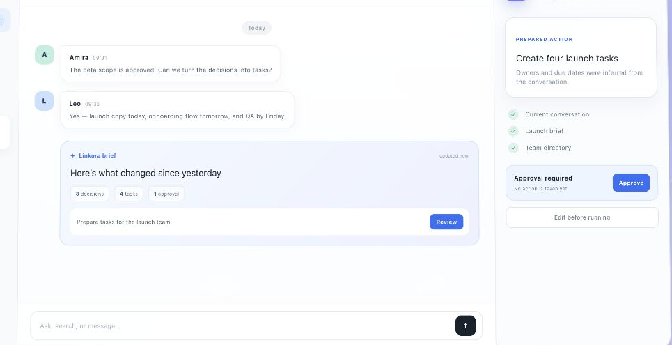 Linkora workflow concept moving from conversation to agent to user approval