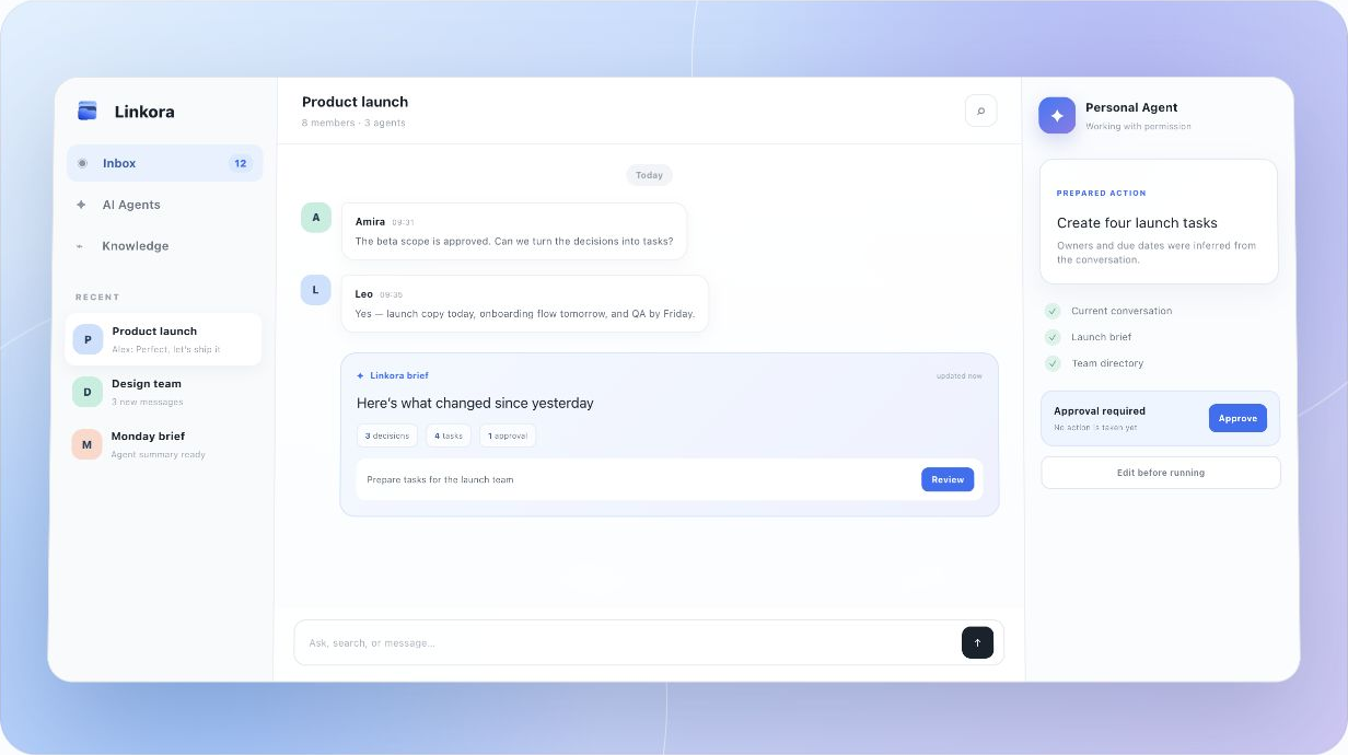 Linkora concept interface showing a conversation, AI briefing, and an approval-based agent action