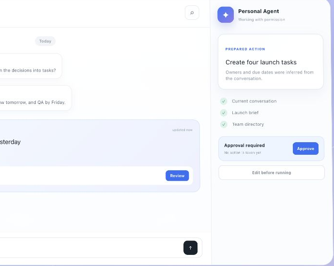 Linkora interface showing an AI briefing, access sources, and an approval gate